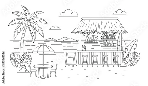A serene beachside hut with a thatched roof and palm trees, featuring outdoor furniture and a tranquil ocean view