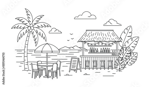 A black and white line drawing of a beachside hut with a palm tree and outdoor furniture