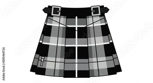 A grayscale illustration of a traditional scottish kilt with belt