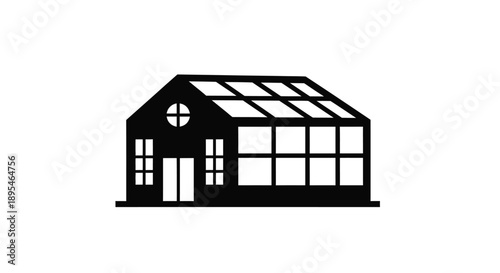 Simple black and white illustration of a greenhouse with a gable roof