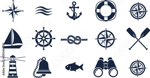 Black and white nautical icon collection featuring compass rose, anchor, sailboat, lighthouse, ship wheel, life preserver, oars, fish, and maritime symbols for sea design