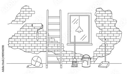 A black and white line drawing of a brick wall with a ladder and window, destruction and construction concept