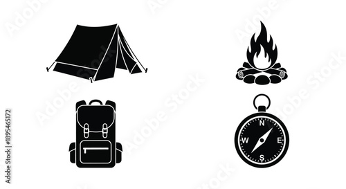 Camping gear icons including tent backpack and compass silhouette