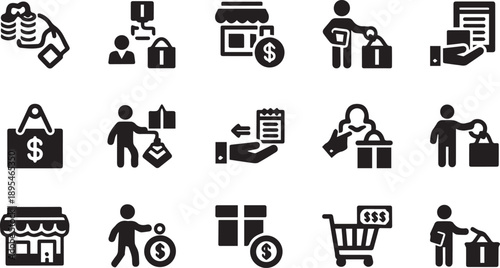 Set of E-commerce Transaction and Retail Business Icons Featuring Secure Payments Customer Loyalty and Shopping Rewards Symbols