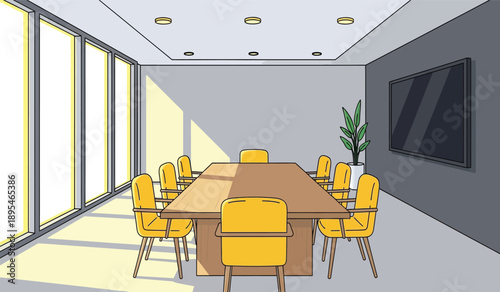 A modern conference room with a large wooden table and yellow chairs arranged around it in a well lit office space with a plant and television on the wall