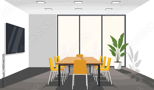 Modern office conference room with yellow chairs and wooden table