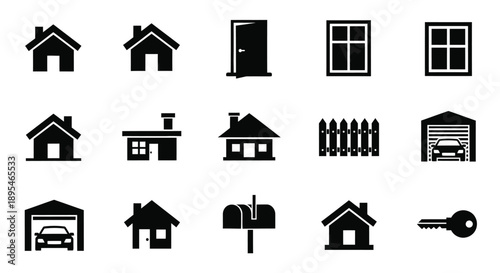 Collection of black house icons and building elements silhouette