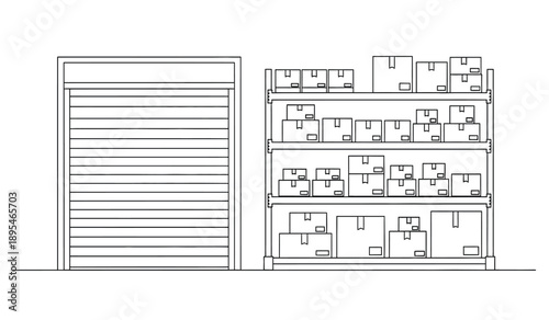 Architectural drawing of a multistory building with a garage door on the left side and various rooms on the right side