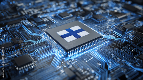 Advanced Microchip Integrated with Finland Flag Symbolizing Artificial Intelligence, European High Technology, Semiconductor Industry, Digital Transformation, and Future Computing Infrastructure