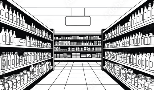 A black and white illustration of a grocery store aisle with shelves stocked with various bottles and cans