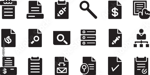 Set of Business Document Management and Financial Record Icons Featuring Invoice Search Auditing and Data Organization Symbols