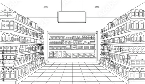 A detailed line drawing of a large empty supermarket or grocery store with shelves stocked with products