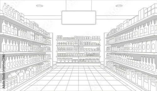 A detailed illustration of a grocery store aisle with shelves stocked with various products