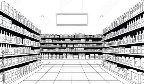 A black and white illustration of a grocery store aisle with shelves stocked with various products