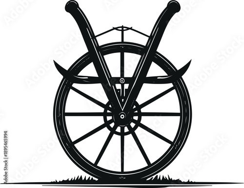 Black and white vector illustration of a farming plough, clean line art, flat design, no logo, isolated on white background 2