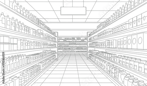 A black and white line drawing of a grocery store aisle with shelves stocked with various products