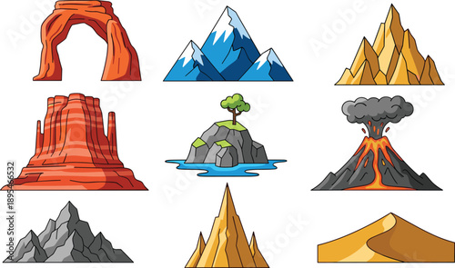 Cartoon mountain and rock landscape set with volcano, desert cliffs and snowy peaks in flat vector illustration for game and nature design