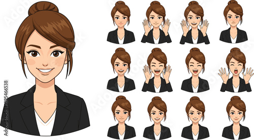 Business woman character set with different facial expressions and gestures in cartoon style vector illustration for presentation, communication and marketing design