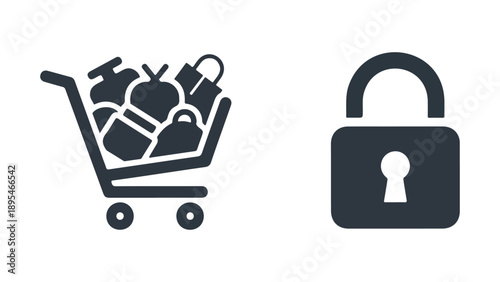 Shopping cart and padlock icons representing secure online shopping isolated on white background, Vector, illustration