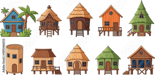 Cute cartoon wooden house set with tropical huts and village cabins in flat vector illustration for game assets, fantasy and rural design