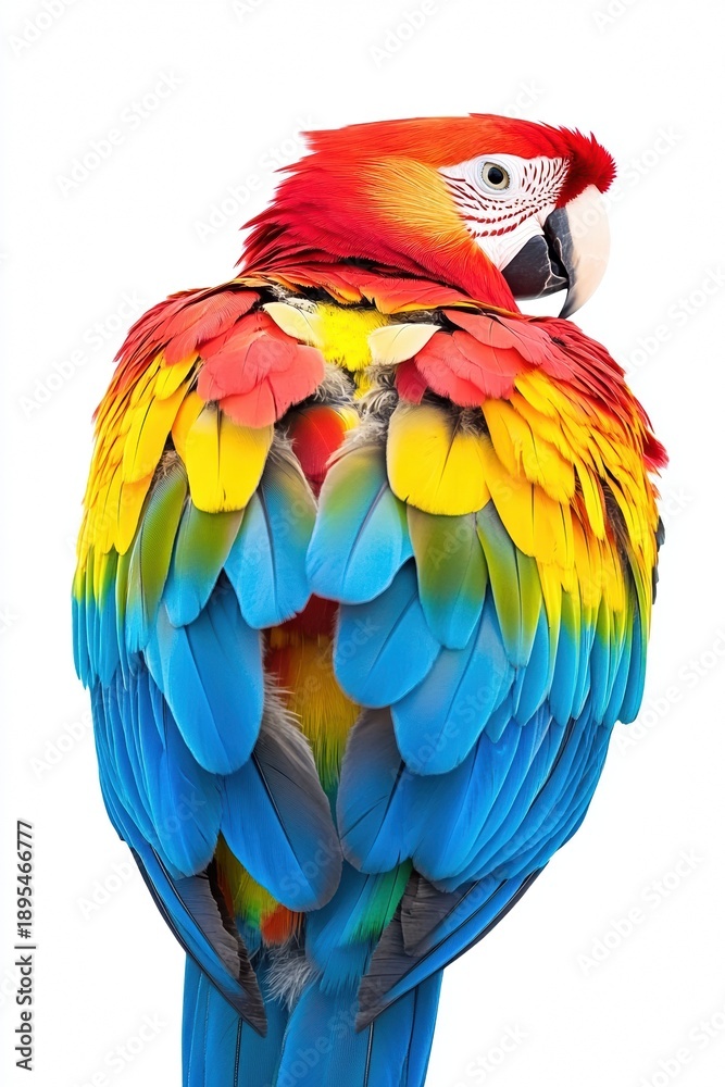 Obraz premium Colorful Parrot Viewed Through Wings from Unusual Rear Angle on White Background