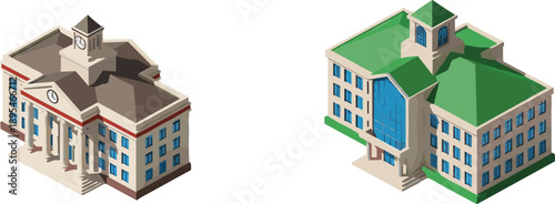 Isometric school and university building set with modern and classic architecture educational campus vector illustration for learning, institution and education design