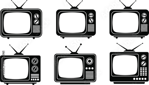 Retro television icon set with vintage TV silhouettes in black and white style vector illustration isolated on white background