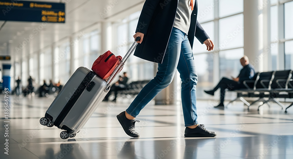 Obraz premium A person walks purposefully through a bright airport terminal, pulling a carry-on suitcase.
