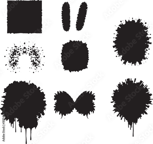 Brush set. Vector black paint brush spots, highlighter lines or felt-tip pen marker. Ink smudge abstract shape stains and smear set with texture