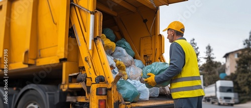 Garbage pickup man loading waste into truck, efficient waste management operation