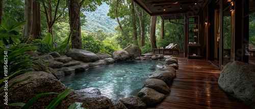Outdoor spa area surrounded by nature, serene wellness travel concept