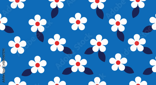 Flat Vector Ditsy Floral Pattern with White Blossoms and Red Centers on Cobalt Blue Background