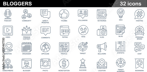 Digital Creator and Influencer Toolkit 32 Minimalist Blogging Icons for Content Strategy, Community Management and Social Media Analytics