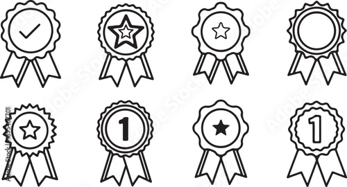 A collection of eight black and white line art award ribbon icons with various symbols like stars, checkmarks, and the number one, representing achievement or quality.