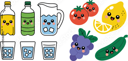 Cute Refreshing Drinks  Water Bottles, Glasses & Fruit Cartoon Vector Set