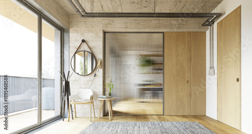 Cuadro en lienzo Modern industrial interior with concrete walls and fluted glass partition