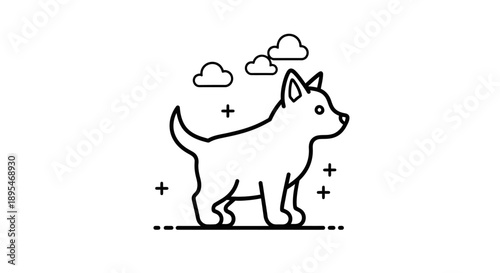 Simple black and white line drawing of a dog standing under clouds.