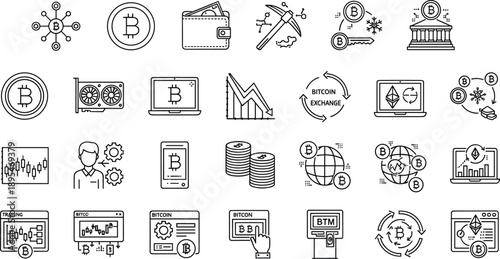 Cryptocurrency and blockchain finance line icons set featuring bitcoin mining trading digital wallets exchange crypto payments and decentralized technology outline symbols