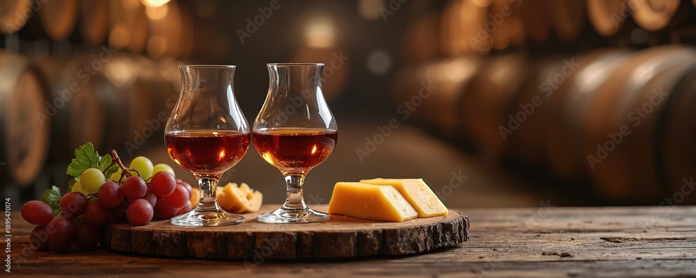 Naklejka premium Two brandy glasses filled with amber liquor sit on rustic wood slice with grapes and cheese. Wine barrels in soft focus background create cozy cellar atmosphere. Perfect for luxury drink ads.