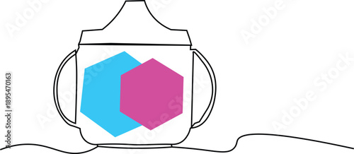 Simple line art illustration of a baby sippy cup with colorful geometric shapes