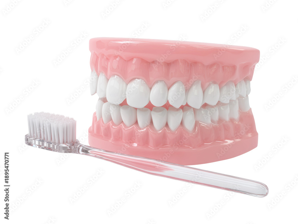 Obraz premium Dental health concept: dentures and a toothbrush, promoting good oral hygiene Isolated Transparent Background, PNG