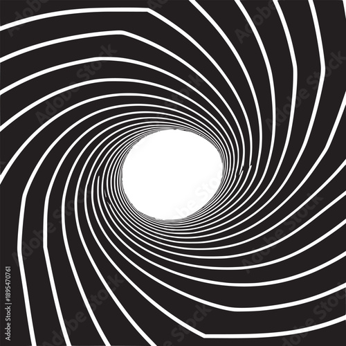 Abstract black and white vortex tunnel with curved lines leading to a central white circle shape