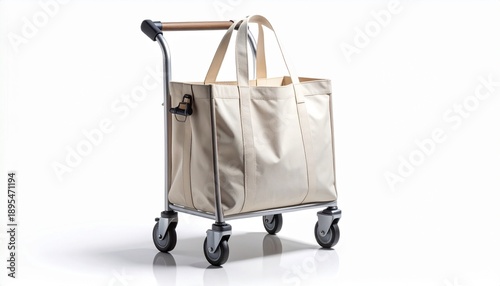 Wallpaper Mural A beige canvas tote bag for groceries or travel placed on a small metal utility cart with wheels, perfect for shopping or luggage, isolated on a clean white background with a soft shadow. Torontodigital.ca
