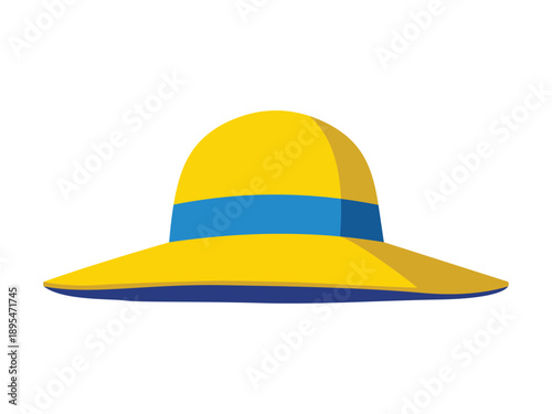 Yellow wide brim sun hat with blue band and shadow details on crown for summer fashion design