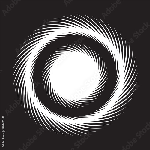 A black and white image featuring a swirling vortex pattern with a central circular white space