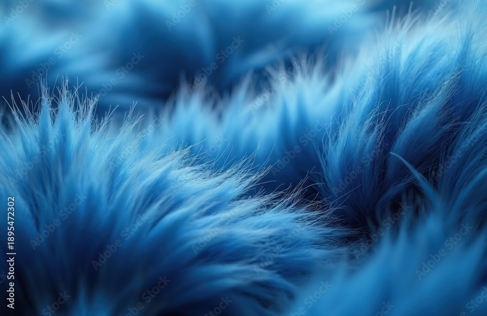 Fototapeta premium Close-up of fluffy blue faux fur texture. Soft hairy material creates abstract background. Cozy warm fibers provide comfort and stylish detail for design.