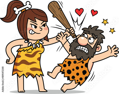Funny caveman couple cartoon illustration, prehistoric woman hitting man with club, humorous stone age love conflict character art