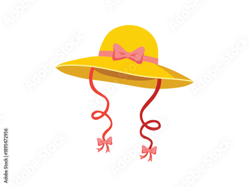 Cute yellow feminine sun hat decorated with pink ribbons and bows for girlish summer accessory