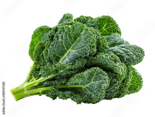A close-up shot of fresh green kale, showcasing its crinkled leaves and vibrant color. The leaves are tightly packed together, creating an appealing texture Isolated Transparent Background, PNG