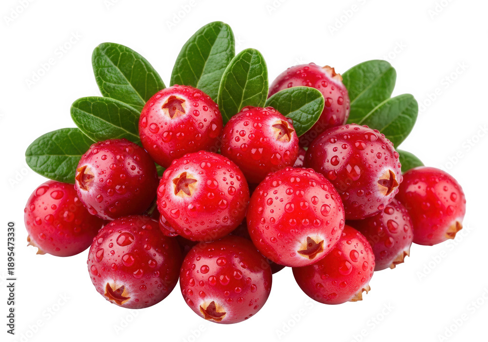 Obraz premium Fresh cluster of cranberries with green leaves on a white background viewed from directly above